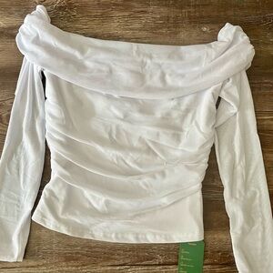 NWT Remidoo Mesh Ruched Long Sleeve Off Shoulder Crop Top White T Shirt Size XS